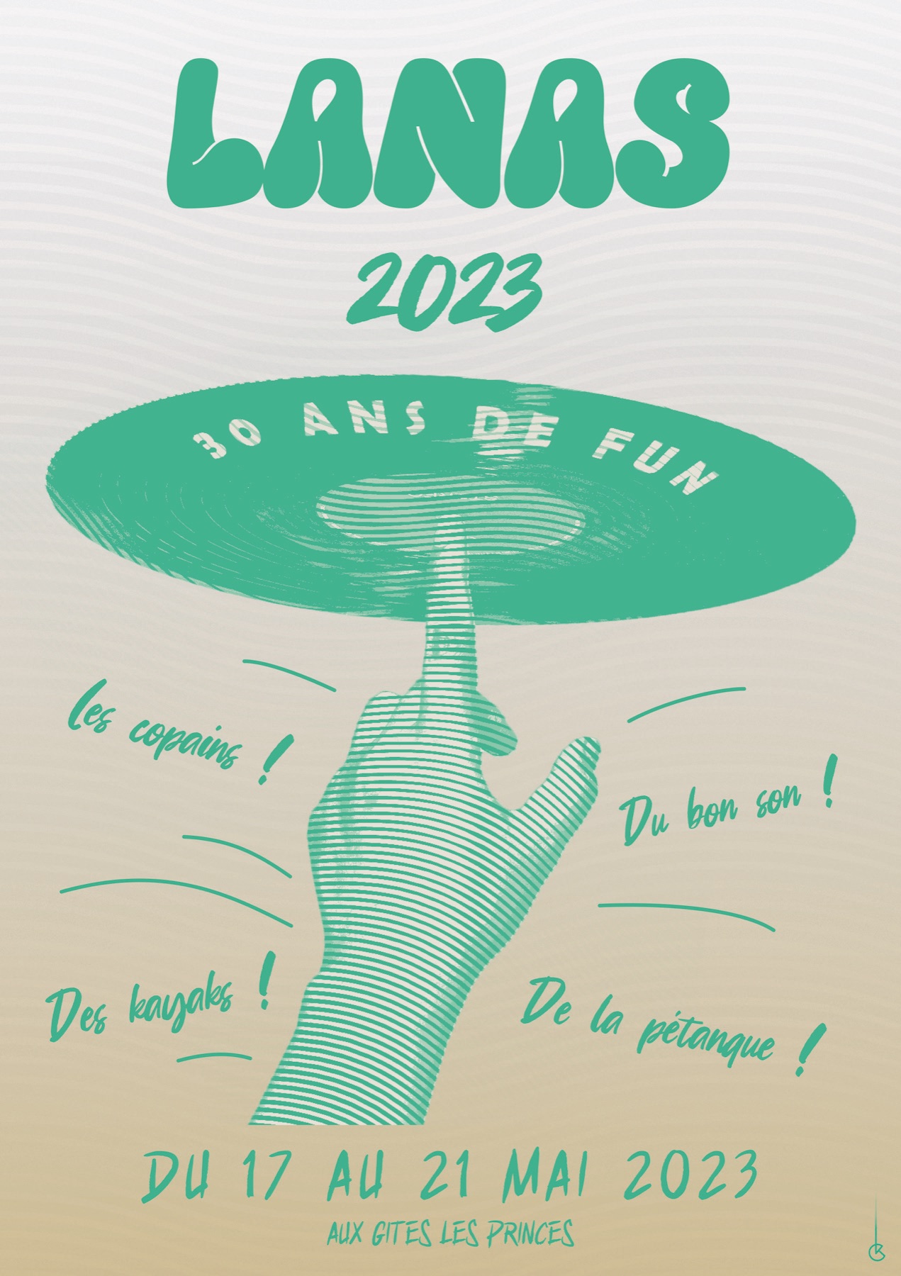 Affiche Lanas 2023, 30 ans de fun : disque vinyle tenu en équilibre sur un doigt.